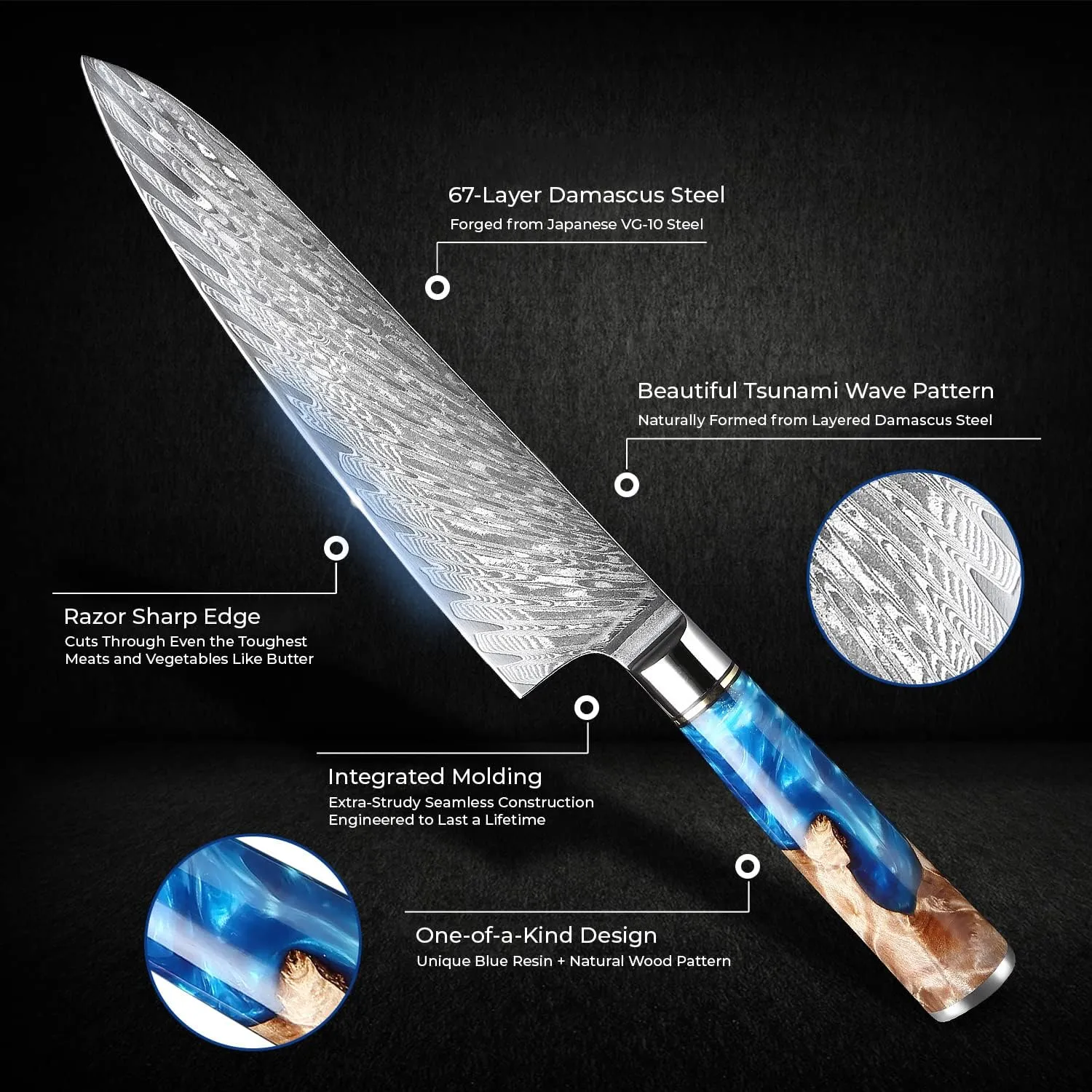 SENKEN Damascus Steel Chef's Knife - Tsunami Collection - 67-Layer Japanese VG10 Steel Core - Unique Blue Resin & Natural Wood Handle, Razor Sharp, Beautiful Damascus Wave Pattern (8" Chef's Knife)