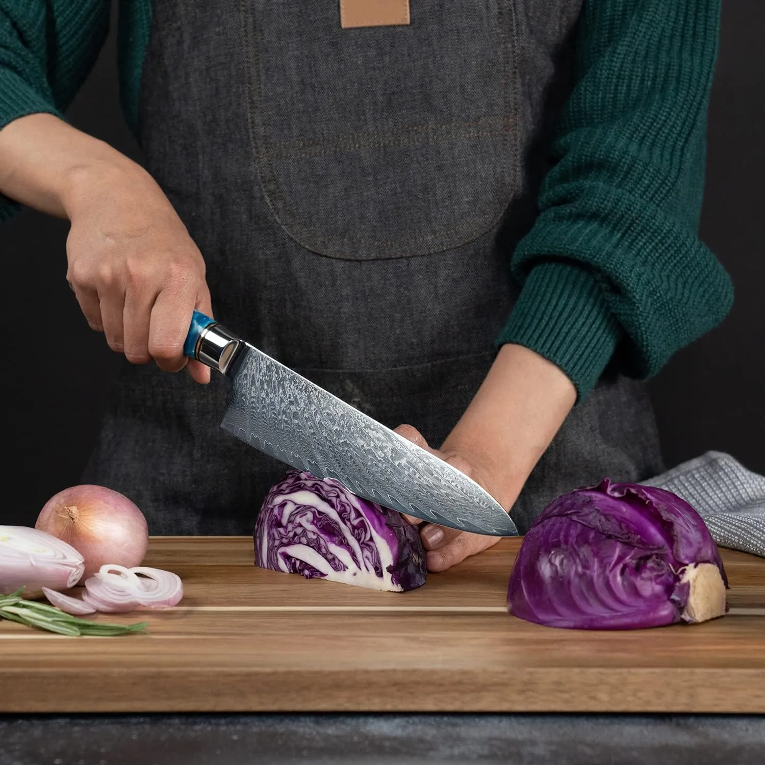 SENKEN Damascus Steel Chef's Knife - Tsunami Collection - 67-Layer Japanese VG10 Steel Core - Unique Blue Resin & Natural Wood Handle, Razor Sharp, Beautiful Damascus Wave Pattern (8" Chef's Knife)