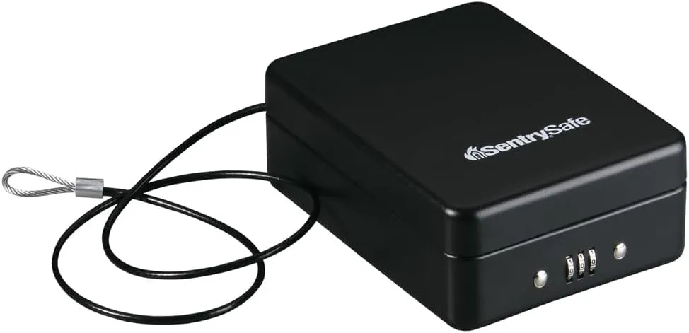 SentrySafe Small Safe, Black Lock Box with Combination Lock for Office or Dorm Secures Money, Passport, Jewelry, 0.05 Cubic Feet, Exterior: 2.6 in. H x 5.9 in. W x 8.0 in. D, ‎P005C