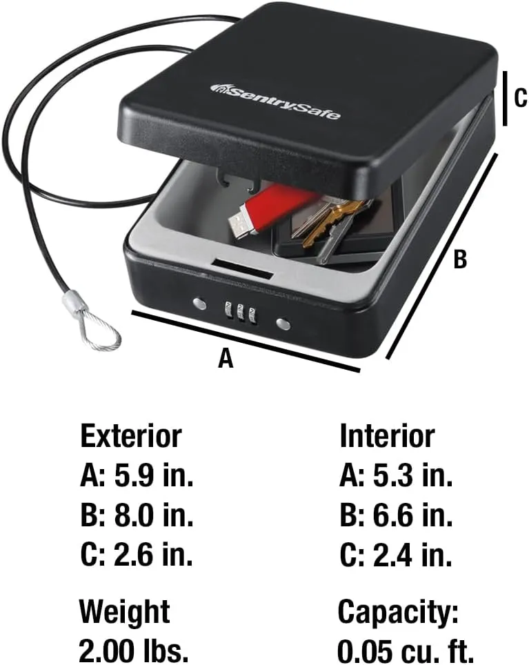 SentrySafe Small Safe, Black Lock Box with Combination Lock for Office or Dorm Secures Money, Passport, Jewelry, 0.05 Cubic Feet, Exterior: 2.6 in. H x 5.9 in. W x 8.0 in. D, ‎P005C