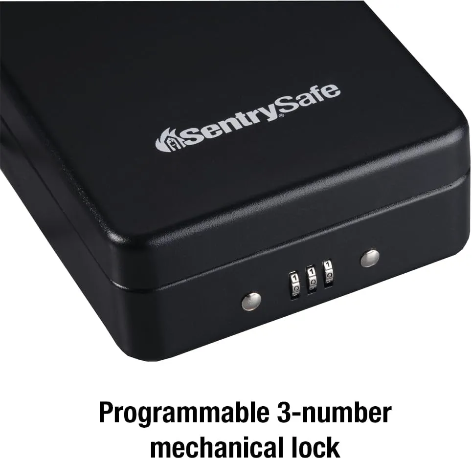 SentrySafe Small Safe, Black Lock Box with Combination Lock for Office or Dorm Secures Money, Passport, Jewelry, 0.05 Cubic Feet, Exterior: 2.6 in. H x 5.9 in. W x 8.0 in. D, ‎P005C