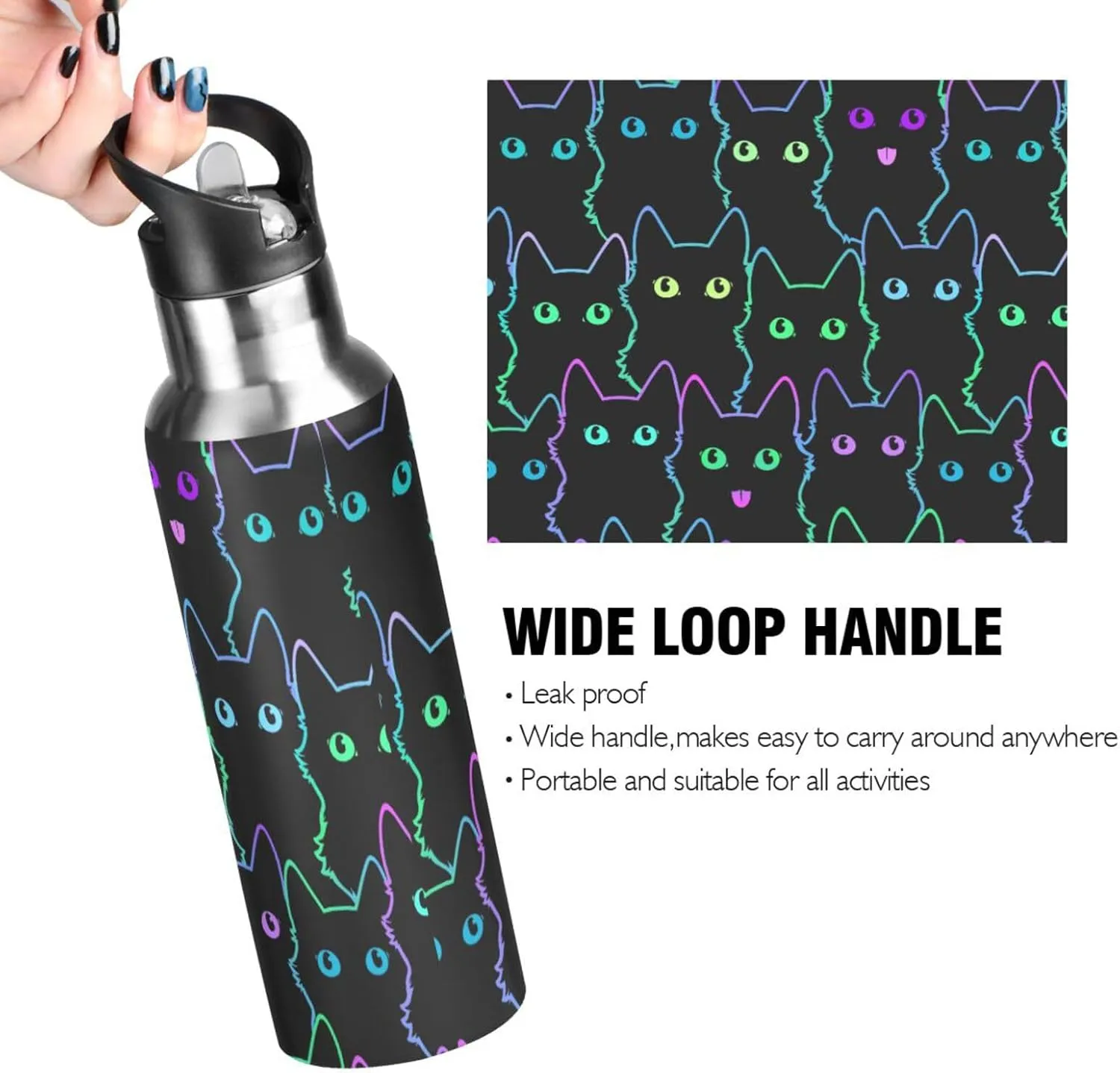 senya 20 Oz Water Bottle with Straw Colorful Neon Cat Stainless Steel Water Bottle for Traveling Sports Leakproof Insulated