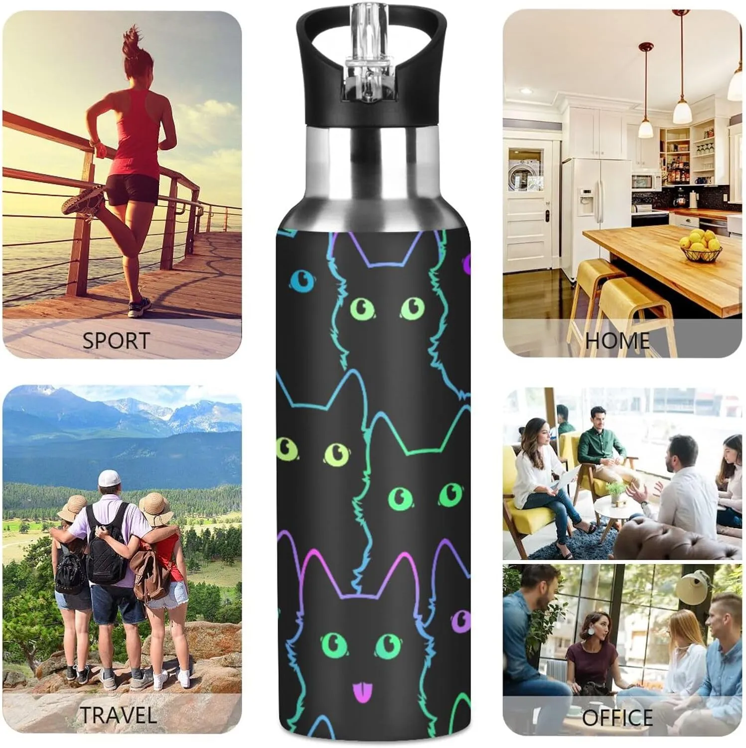 senya 20 Oz Water Bottle with Straw Colorful Neon Cat Stainless Steel Water Bottle for Traveling Sports Leakproof Insulated