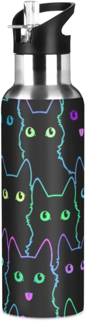 senya 20 Oz Water Bottle with Straw Colorful Neon Cat Stainless Steel Water Bottle for Traveling Sports Leakproof Insulated