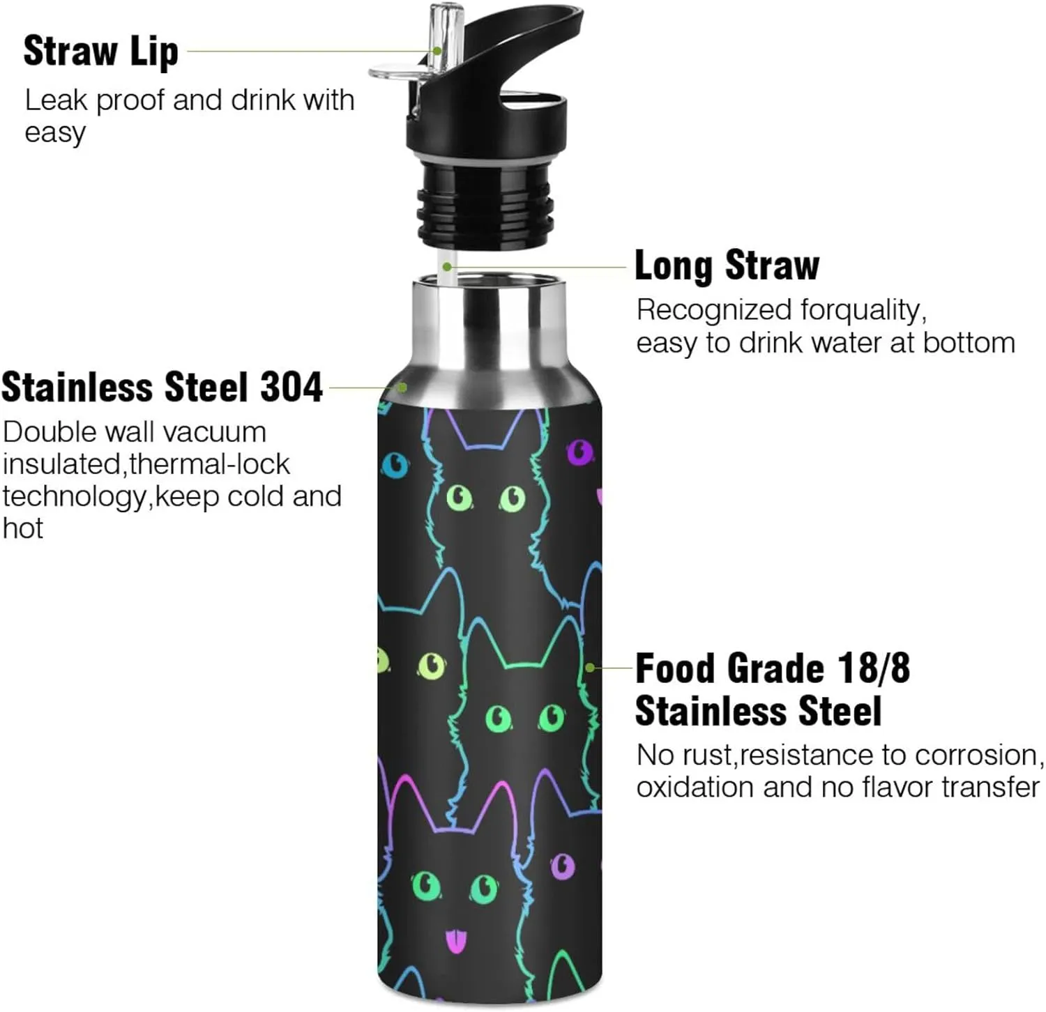 senya 20 Oz Water Bottle with Straw Colorful Neon Cat Stainless Steel Water Bottle for Traveling Sports Leakproof Insulated