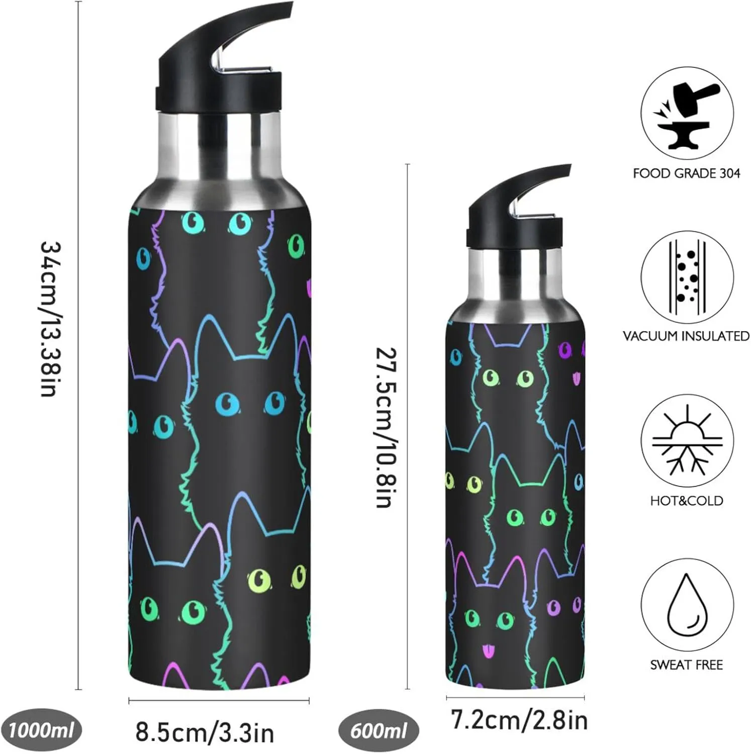senya 20 Oz Water Bottle with Straw Colorful Neon Cat Stainless Steel Water Bottle for Traveling Sports Leakproof Insulated
