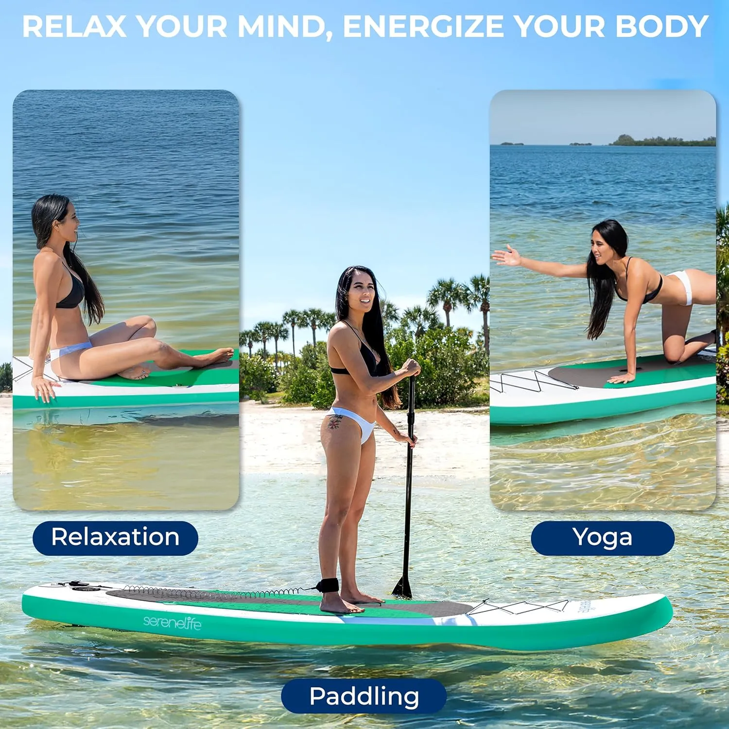 SereneLife Inflatable Stand Up Paddle Board with Premium SUP Accessories – Wide Stable Design with Non-Slip EVA Deck Pad for Adults and Youth of All Skill Levels, 350 lbs Capacity