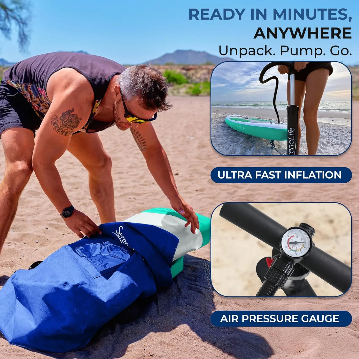 SereneLife Inflatable Stand Up Paddle Board with Premium SUP Accessories – Wide Stable Design with Non-Slip EVA Deck Pad for Adults and Youth of All Skill Levels, 350 lbs Capacity