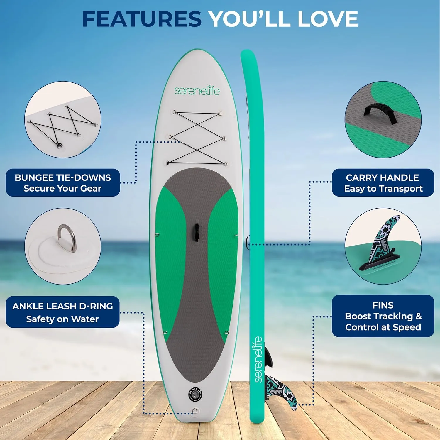 SereneLife Inflatable Stand Up Paddle Board with Premium SUP Accessories – Wide Stable Design with Non-Slip EVA Deck Pad for Adults and Youth of All Skill Levels, 350 lbs Capacity