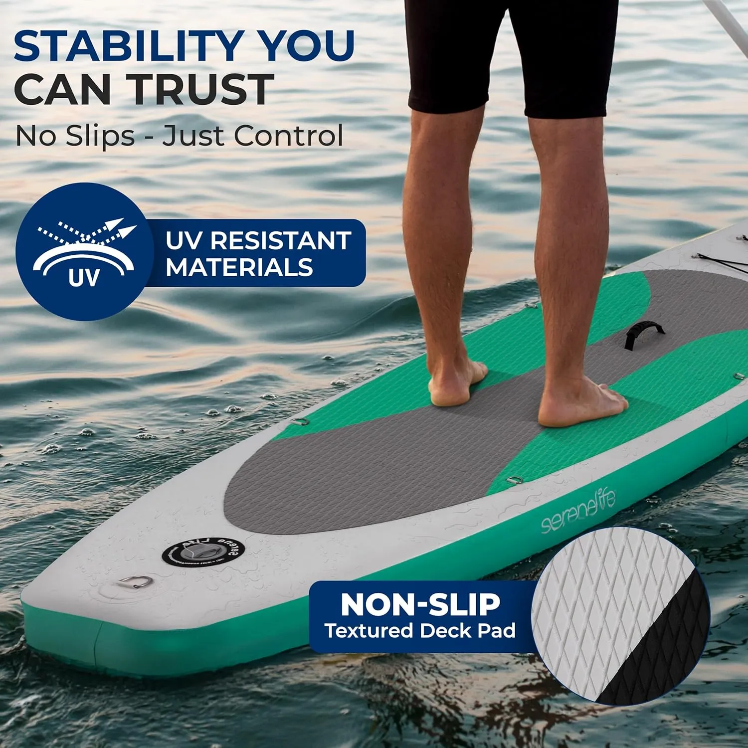 SereneLife Inflatable Stand Up Paddle Board with Premium SUP Accessories – Wide Stable Design with Non-Slip EVA Deck Pad for Adults and Youth of All Skill Levels, 350 lbs Capacity