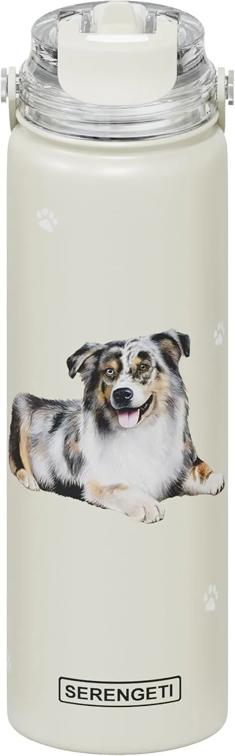 SERENGETI 24 Oz Water Bottle Stainless Steel with Spill Proof Lid - Double walled Vacuum Insulated water flask - Realistic 3D Print of your favorite dog (Australian Shepherd)