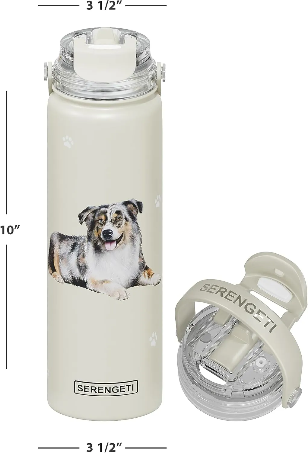 SERENGETI 24 Oz Water Bottle Stainless Steel with Spill Proof Lid - Double walled Vacuum Insulated water flask - Realistic 3D Print of your favorite dog (Australian Shepherd)