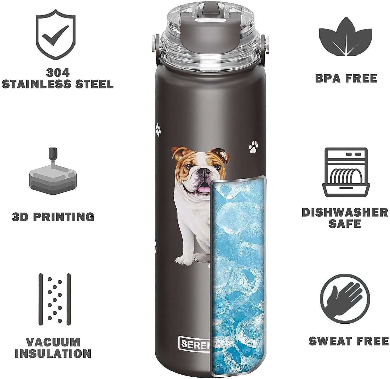 SERENGETI 24 Oz Water Bottle Stainless Steel with Spill Proof Lid - Double walled Vacuum Insulated water flask - Realistic 3D Print of your favorite dog (Australian Shepherd)