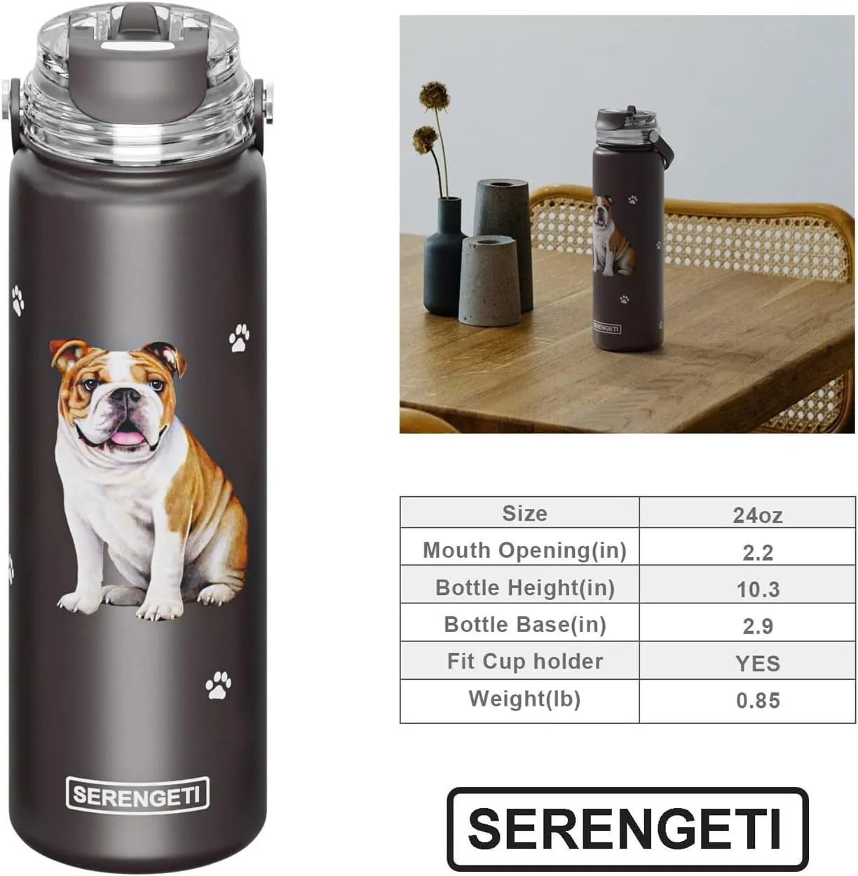 SERENGETI 24 Oz Water Bottle Stainless Steel with Spill Proof Lid - Double walled Vacuum Insulated water flask - Realistic 3D Print of your favorite dog (Australian Shepherd)