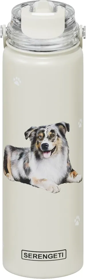 SERENGETI 24 Oz Water Bottle Stainless Steel with Spill Proof Lid - Double walled Vacuum Insulated water flask - Realistic 3D Print of your favorite dog (Australian Shepherd)