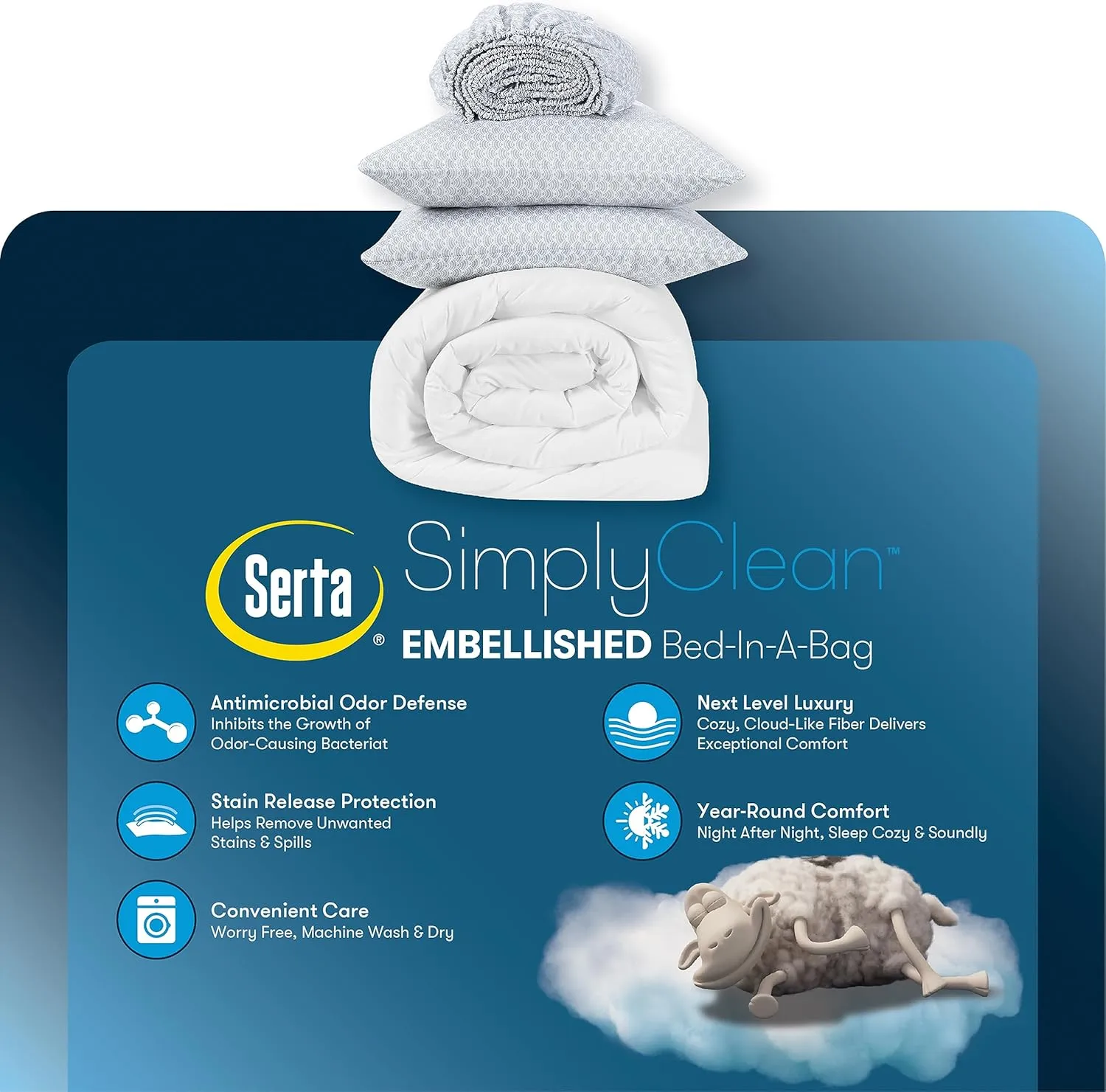 Serta Simply Clean Lightweight 7 Piece Pleated Bed in a Bag for All Season, Queen, Grey