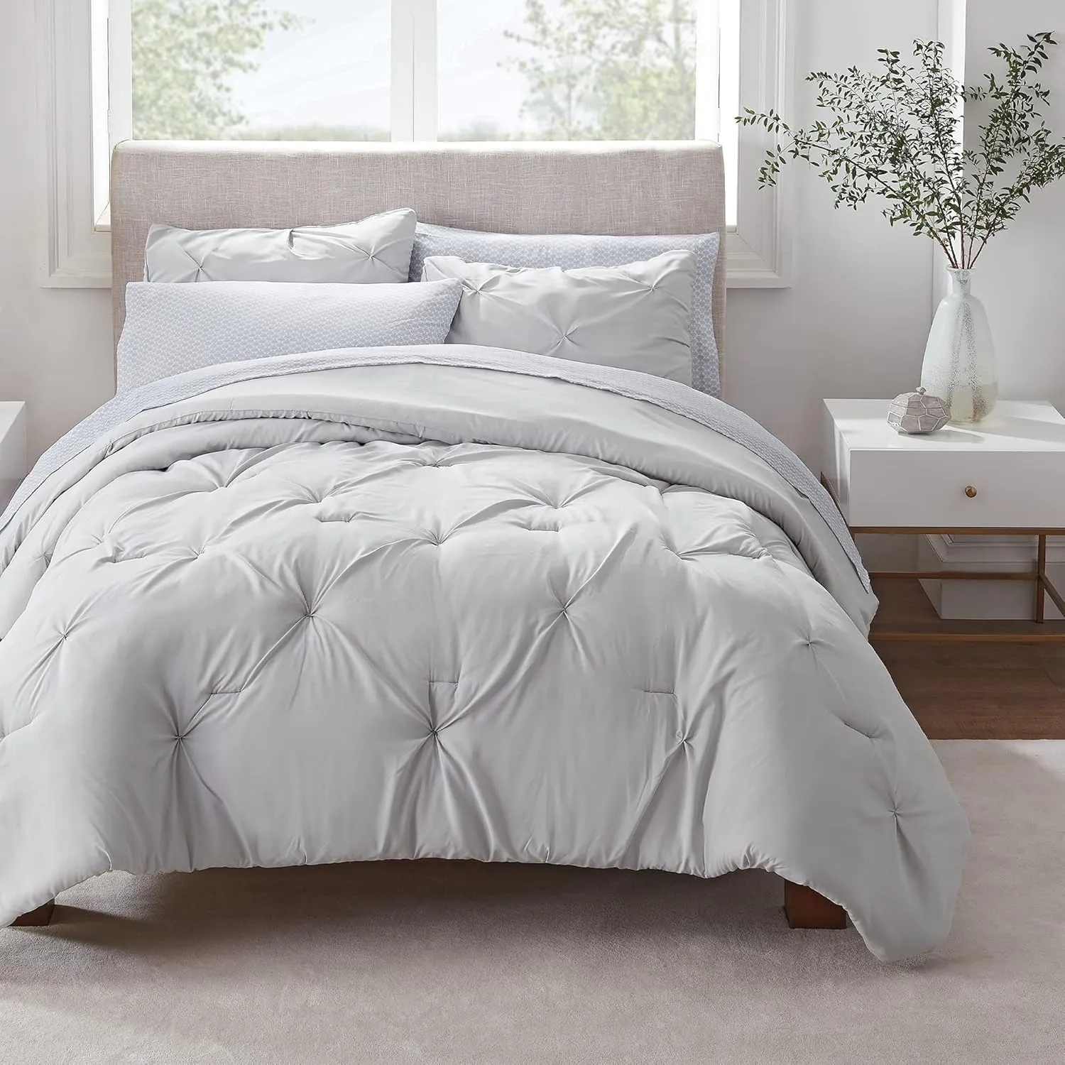 Serta Simply Clean Lightweight 7 Piece Pleated Bed in a Bag for All Season, Queen, Grey