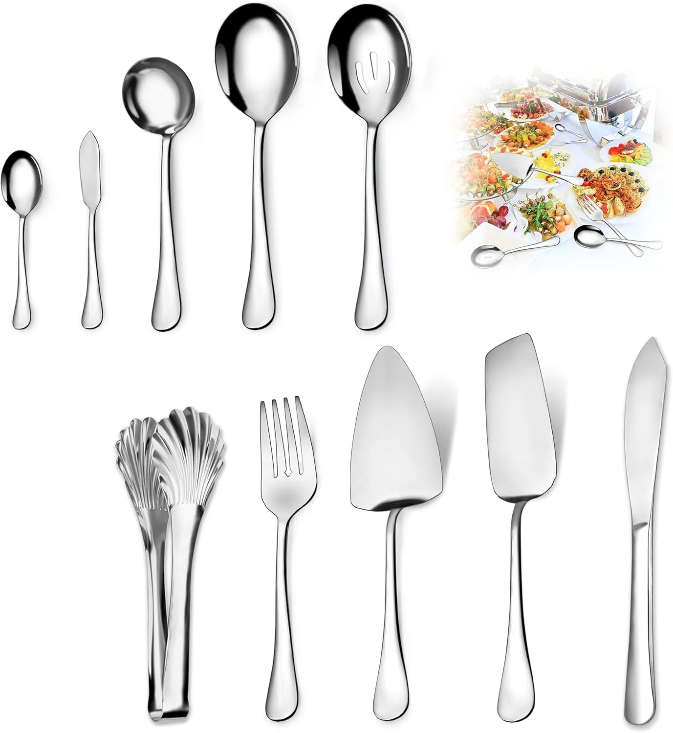 Serving Utensils,10-Piece Stainless Steel Hostess Serving Utensil Set with Serving Spoons，Serving Forks，Serving Tongs Soup Ladle and Pie Server Buffet Catering Serving Utensils for Dishwasher Safe