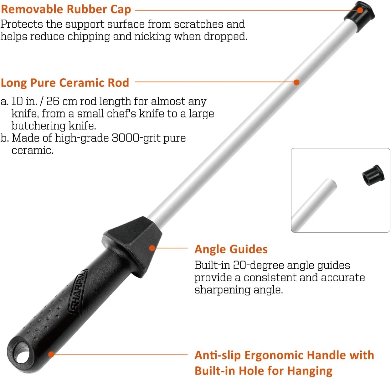SHARPAL 118H Ceramic Honing Rod - Professional Knife Sharpener Steel, Ceramic Sharpening Rod for Kitchen Knives, Built-in Angle Guide, Anti-Break Cap, Durable Sharpening Stick