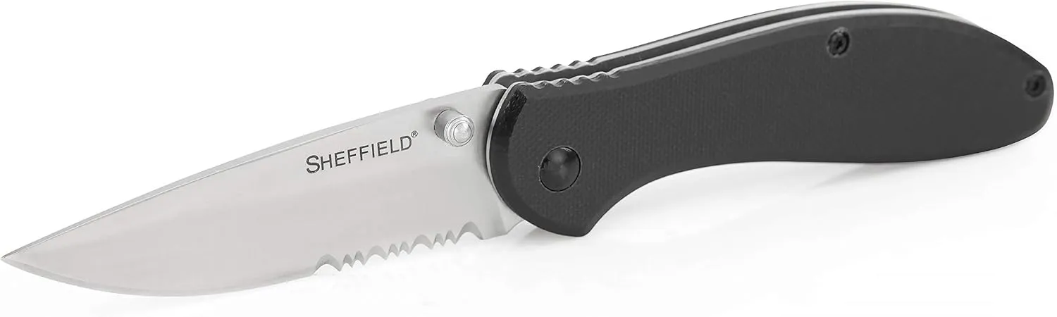 Sheffield 12164 Berda Assisted Open Knife, 3 Inch Blade EDC Knife, for Survival Gear, Self Defense, and More, G10 Handle, Partially Serrated
