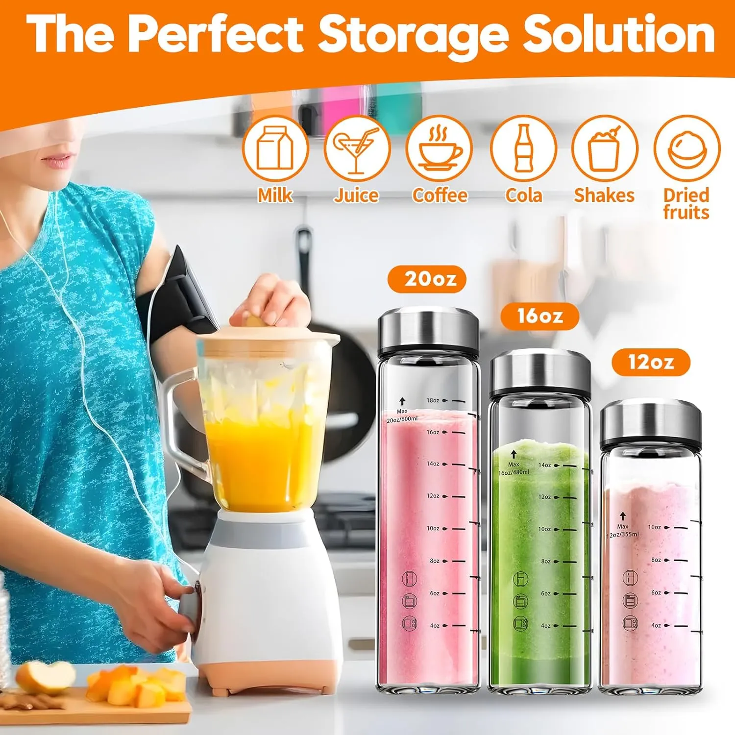 SIEROZUR Glass Juice Bottles 12 oz-2 Pack Leak Proof Wide Mouth Water Bottle with Stainless Steel Lid & Sleeve - for Juicing, Smoothies, Infused Water, Beverage Storage, Eco-Friendly Borosilicate
