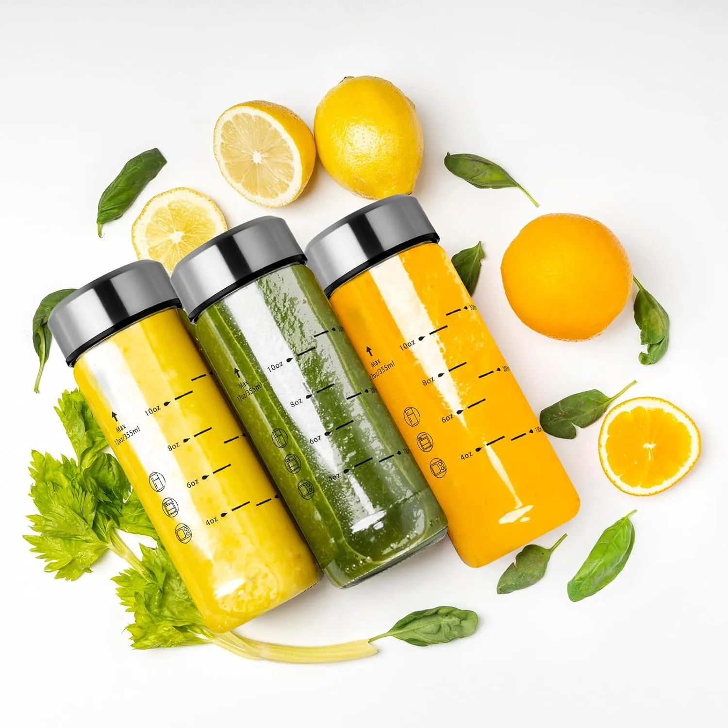 SIEROZUR Glass Juice Bottles 12 oz-2 Pack Leak Proof Wide Mouth Water Bottle with Stainless Steel Lid & Sleeve - for Juicing, Smoothies, Infused Water, Beverage Storage, Eco-Friendly Borosilicate