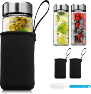SIEROZUR Glass Juice Bottles 12 oz-2 Pack Leak Proof Wide Mouth Water Bottle with Stainless Steel Lid & Sleeve - for Juicing, Smoothies, Infused Water, Beverage Storage, Eco-Friendly Borosilicate