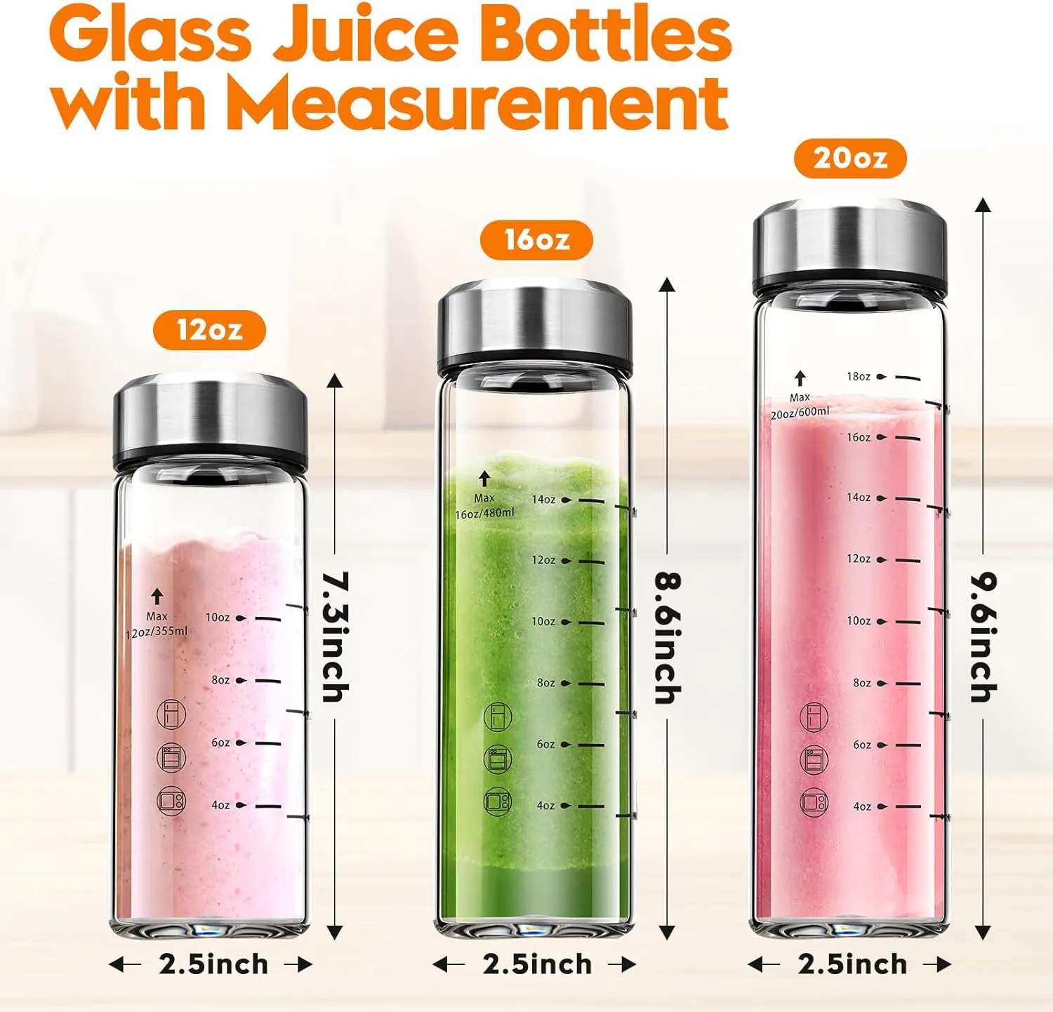 SIEROZUR Glass Juice Bottles 12 oz-2 Pack Leak Proof Wide Mouth Water Bottle with Stainless Steel Lid & Sleeve - for Juicing, Smoothies, Infused Water, Beverage Storage, Eco-Friendly Borosilicate
