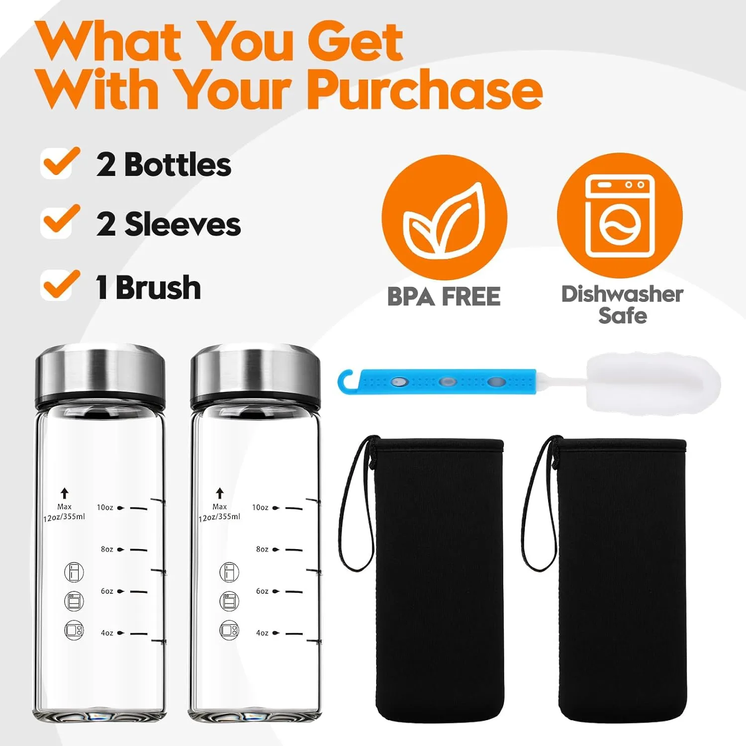 SIEROZUR Glass Juice Bottles 12 oz-2 Pack Leak Proof Wide Mouth Water Bottle with Stainless Steel Lid & Sleeve - for Juicing, Smoothies, Infused Water, Beverage Storage, Eco-Friendly Borosilicate