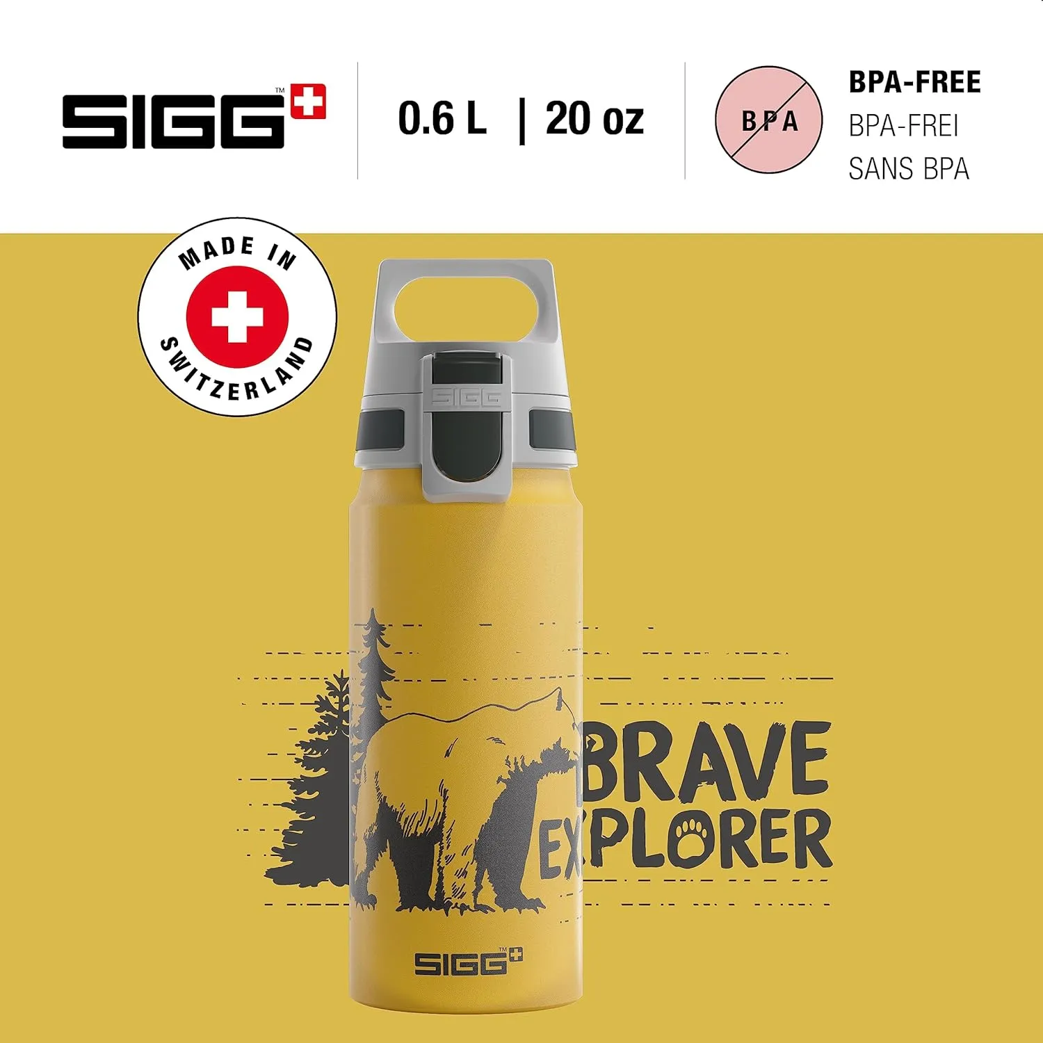 SIGG - Aluminium Kids Water Bottle - WMB ONE Brave Bear - Suitable For Carbonated Beverages - Leakproof - Lightweight - BPA Free - Climate Neutral Certified - Yellow - 20 Oz
