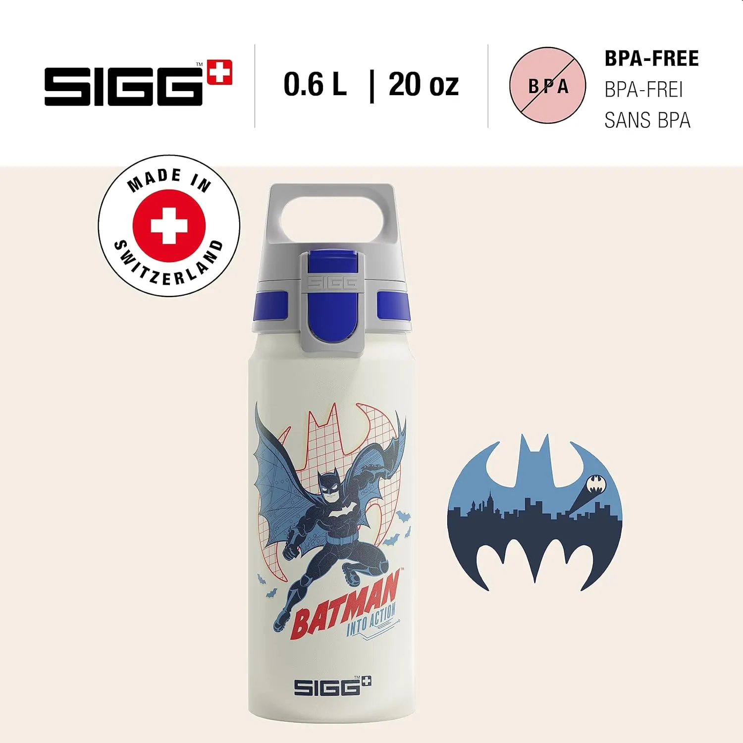 SIGG - Aluminium Water Bottle for Children - WMB One Batman - Suitable for Carbonated Drinks - Leak-Proof - Feather-Light - BPA-Free - ClimatePartner Certified - Sports & School - White - 0.6 L