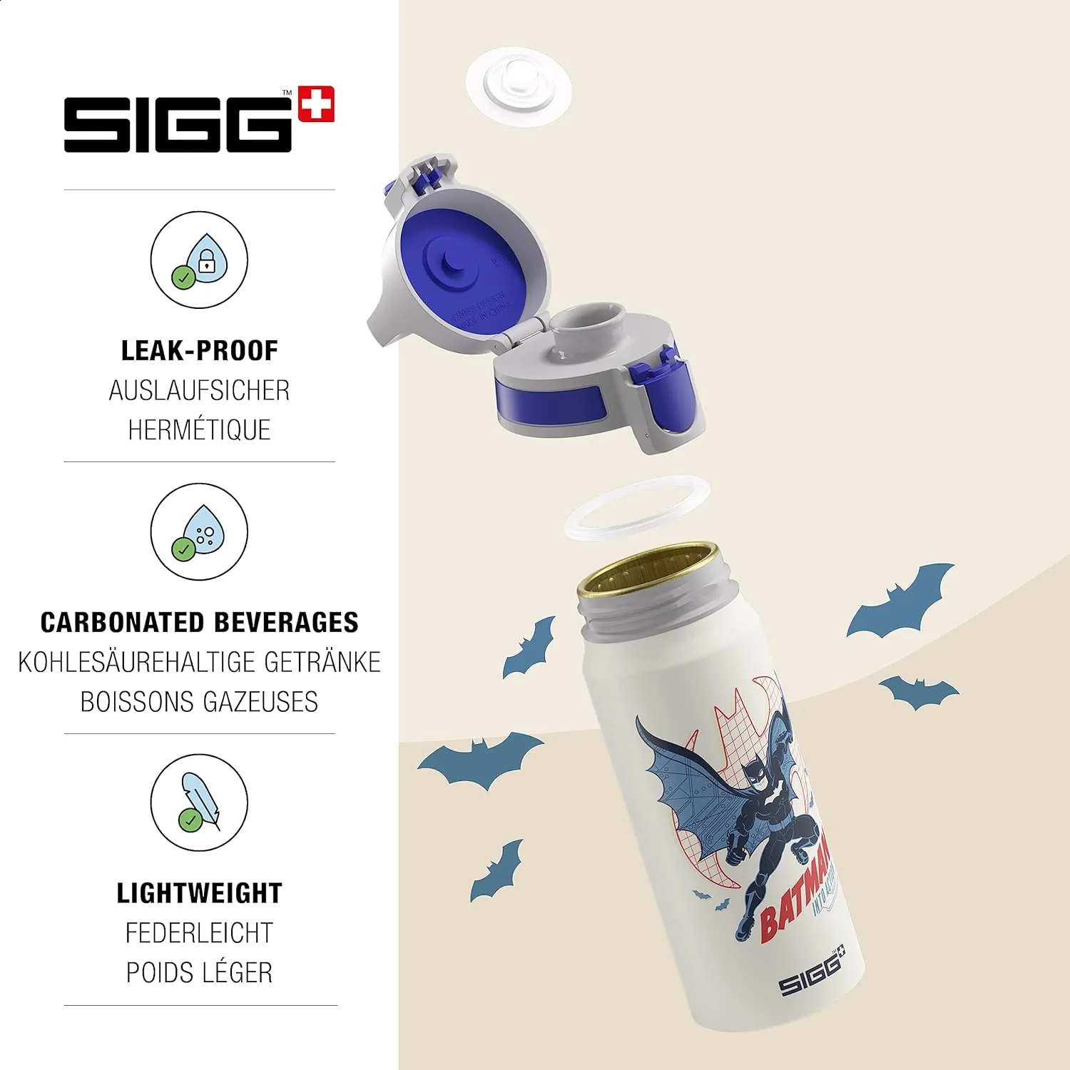 SIGG - Aluminium Water Bottle for Children - WMB One Batman - Suitable for Carbonated Drinks - Leak-Proof - Feather-Light - BPA-Free - ClimatePartner Certified - Sports & School - White - 0.6 L