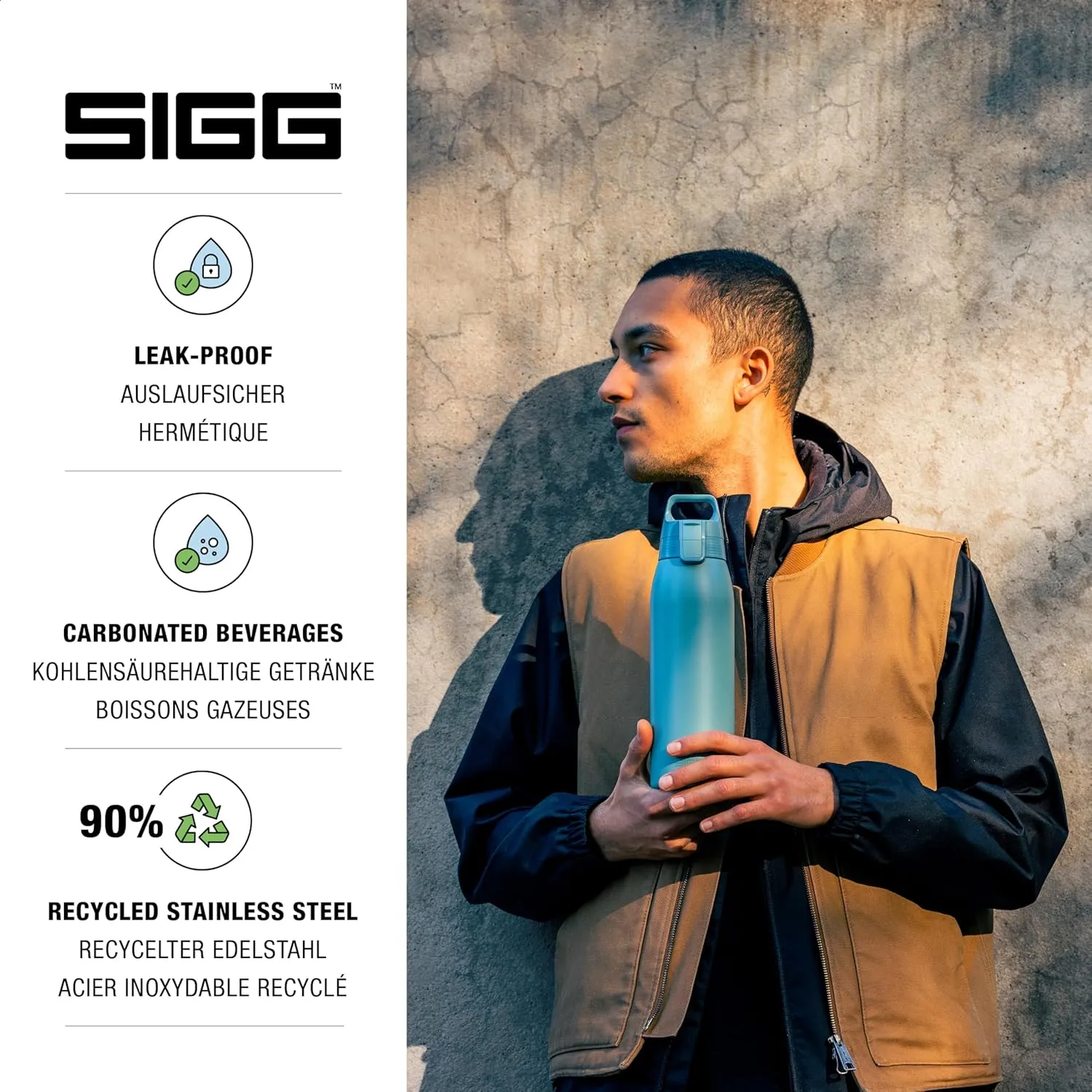 SIGG - Stainless Steel Drinking Bottle - Shield ONE Morning Blue - Suitable for Carbonated Drinks - Leak-Proof - Feather-Light - BPA-Free - Outdoor & Fitness - 34 Oz