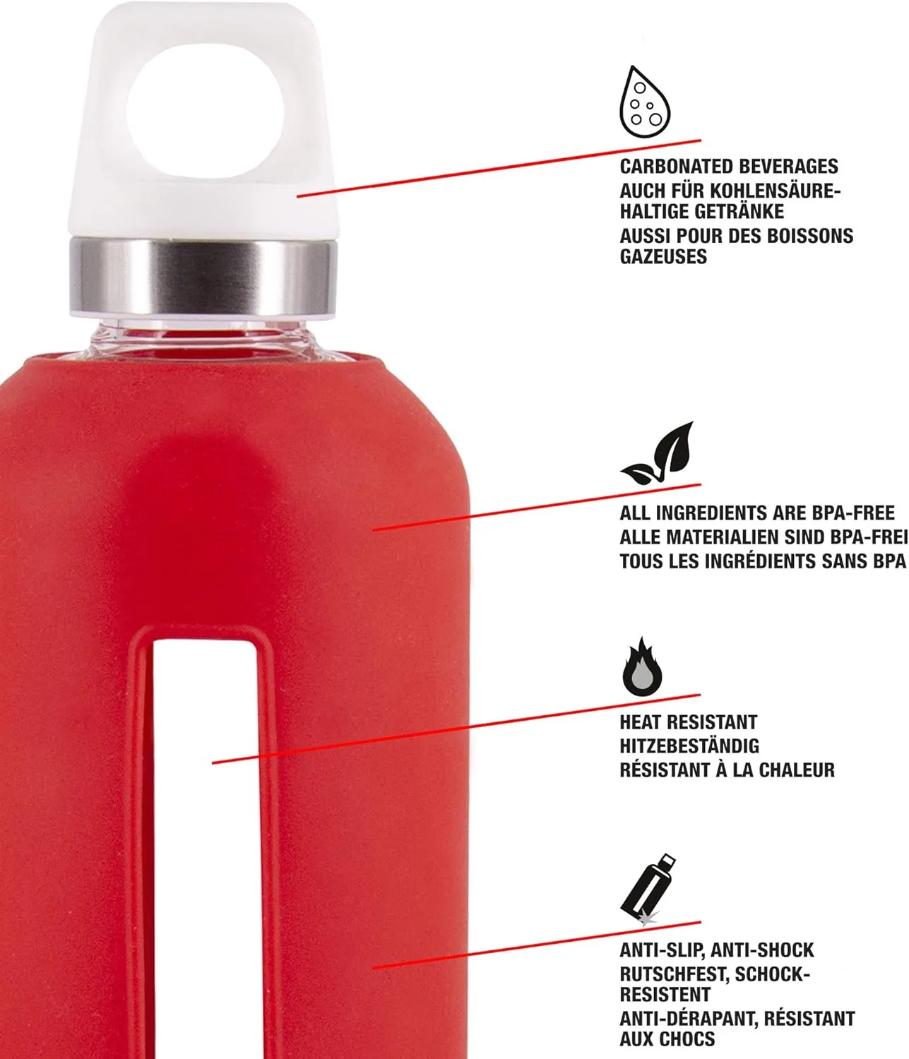 SIGG - Star Water Bottle - BPA-Free, Leak-Proof Glass Bottle, Anti-Shock - Non-Slip Silicone Case - Designed in Switzerland - Scarlet - 28 Oz