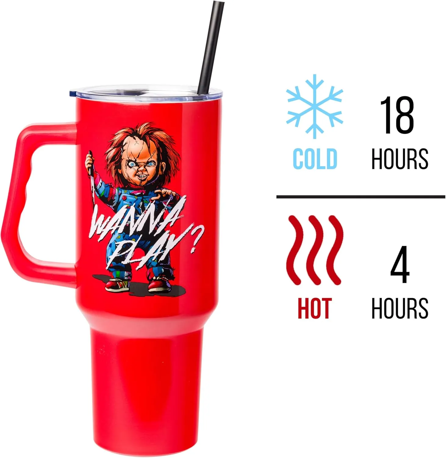 Silver Buffalo Chucky Wanna Play Stainless Steel Tumbler with Handle and Straw, Fits in Standard Cup Holder, 40 Ounces