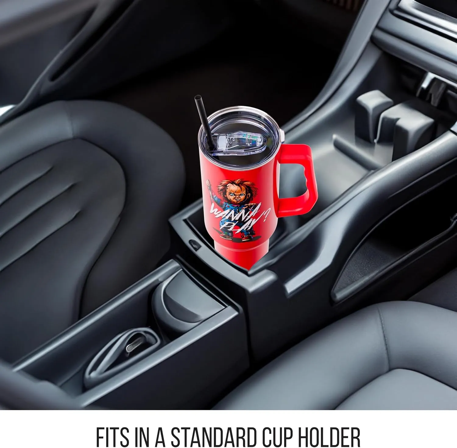 Silver Buffalo Chucky Wanna Play Stainless Steel Tumbler with Handle and Straw, Fits in Standard Cup Holder, 40 Ounces