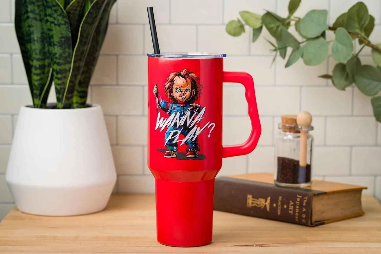 Silver Buffalo Chucky Wanna Play Stainless Steel Tumbler with Handle and Straw, Fits in Standard Cup Holder, 40 Ounces