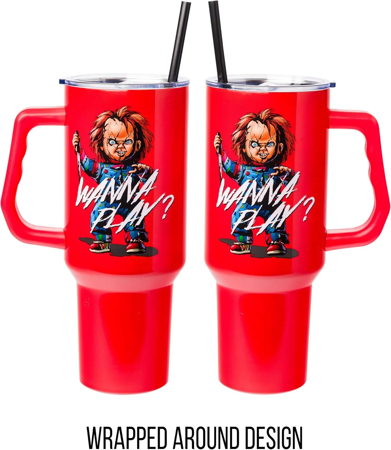 Silver Buffalo Chucky Wanna Play Stainless Steel Tumbler with Handle and Straw, Fits in Standard Cup Holder, 40 Ounces