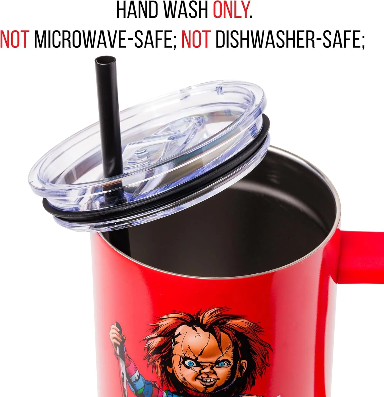 Silver Buffalo Chucky Wanna Play Stainless Steel Tumbler with Handle and Straw, Fits in Standard Cup Holder, 40 Ounces