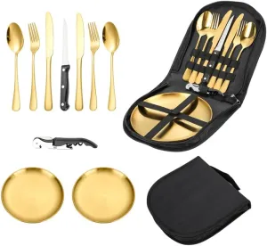 Silverware Flatware Set, 10-piece Stainless Steel Tableware Set For Outdoor Travel Camping Picnic Barbecue Plate Clip Knife, Fork And Spoon Set Portable Storage Bag(Gold)