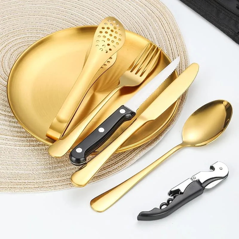 Silverware Flatware Set, 10-piece Stainless Steel Tableware Set For Outdoor Travel Camping Picnic Barbecue Plate Clip Knife, Fork And Spoon Set Portable Storage Bag(Gold)