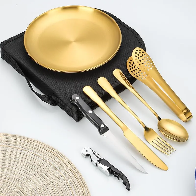 Silverware Flatware Set, 10-piece Stainless Steel Tableware Set For Outdoor Travel Camping Picnic Barbecue Plate Clip Knife, Fork And Spoon Set Portable Storage Bag(Gold)