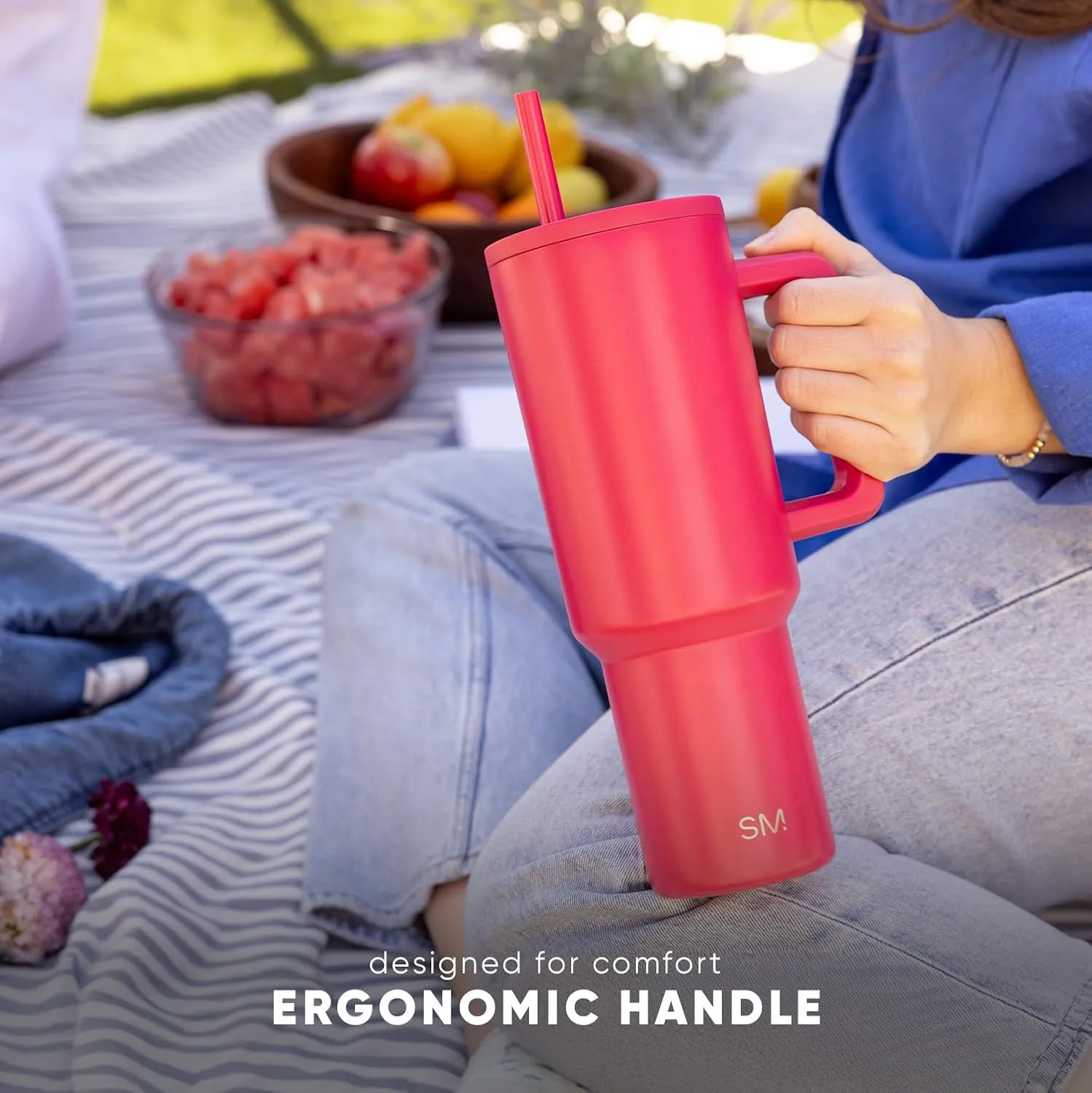 Simple Modern 40 oz Trek Tumbler with Handle and Straw Lid | Cup Holder Friendly Insulated Stainless Steel Travel Mug | Strawberry Fields