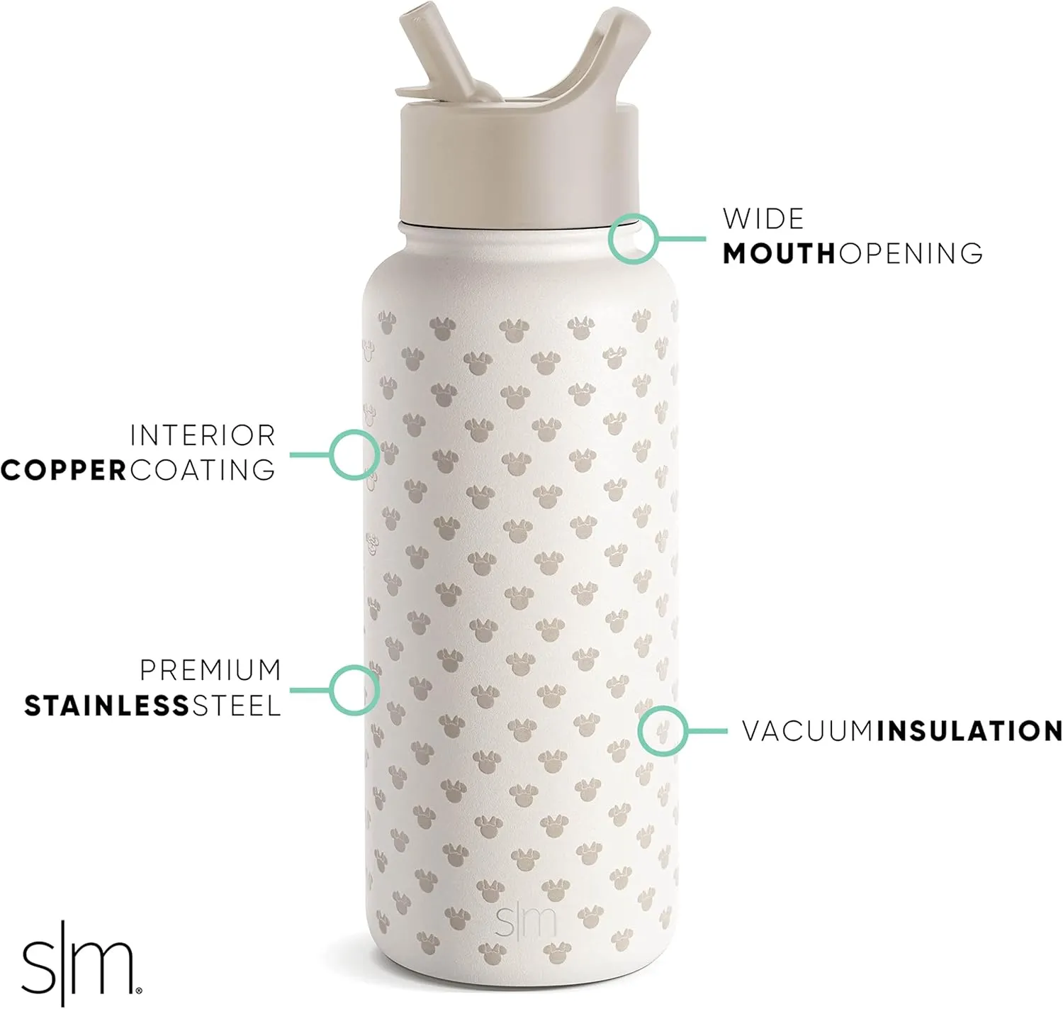 Simple Modern Disney Minnie Mouse Character Water Bottle with Straw Lid Vacuum Insulated Stainless Steel Metal Thermos | Reusable Leak Proof Flask for Gym, Travel, Sports | Summit Collection | 32oz