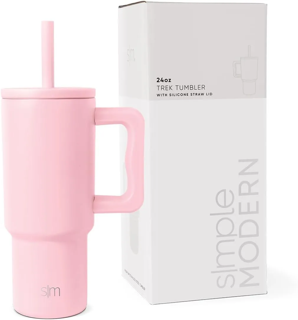 Simple Modern Kids 24 oz Tumbler with Handle and Silicone Straw Lid | Spill Proof and Leak Resistant | Reusable Stainless Steel Bottle | Gift for Kids Boys Girls | Trek Collection | Blush