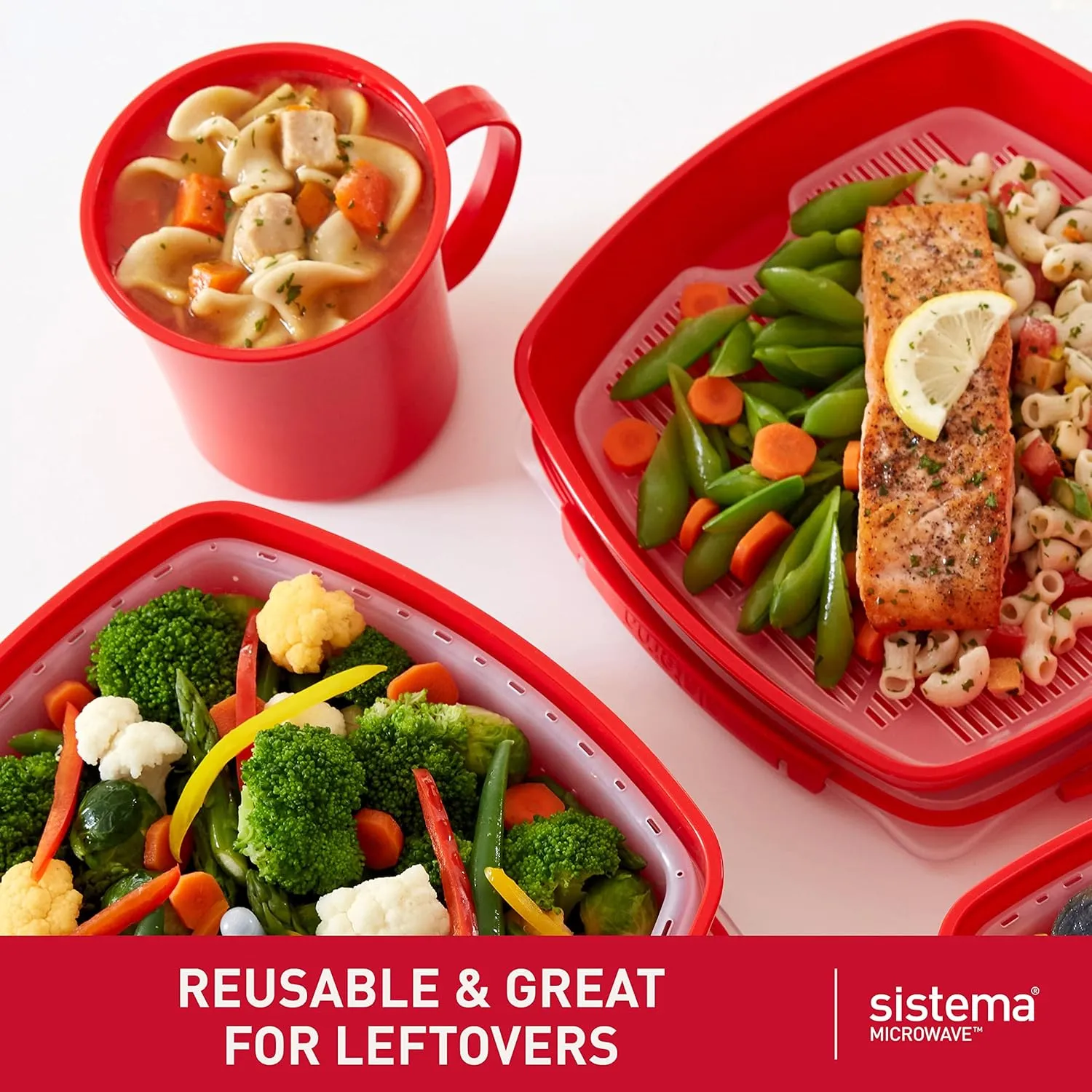 Sistema Microwave Soup Mugs | 656 ml | Microwave Food Containers with Steam Release Vents | BPA-Free | Red | 3 Count