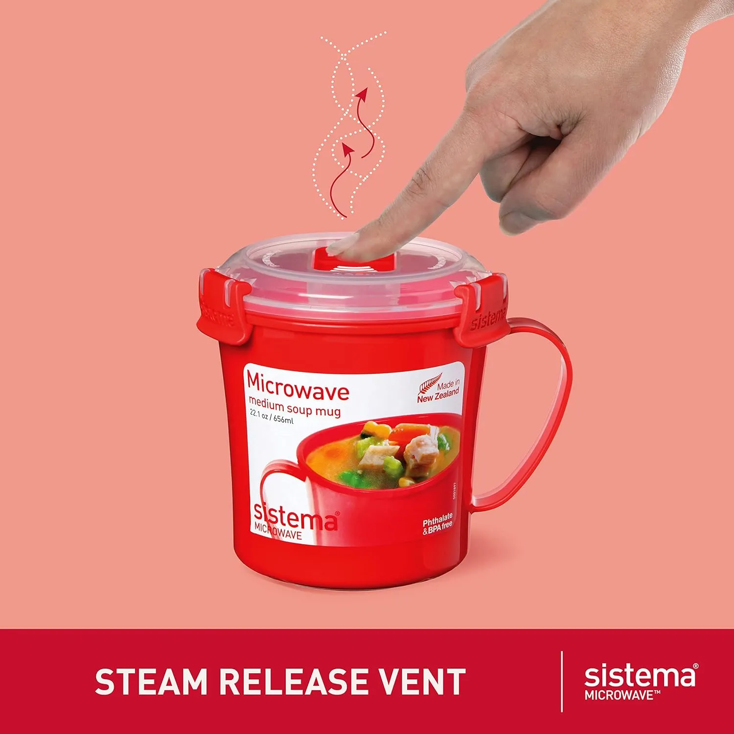 Sistema Microwave Soup Mugs | 656 ml | Microwave Food Containers with Steam Release Vents | BPA-Free | Red | 3 Count