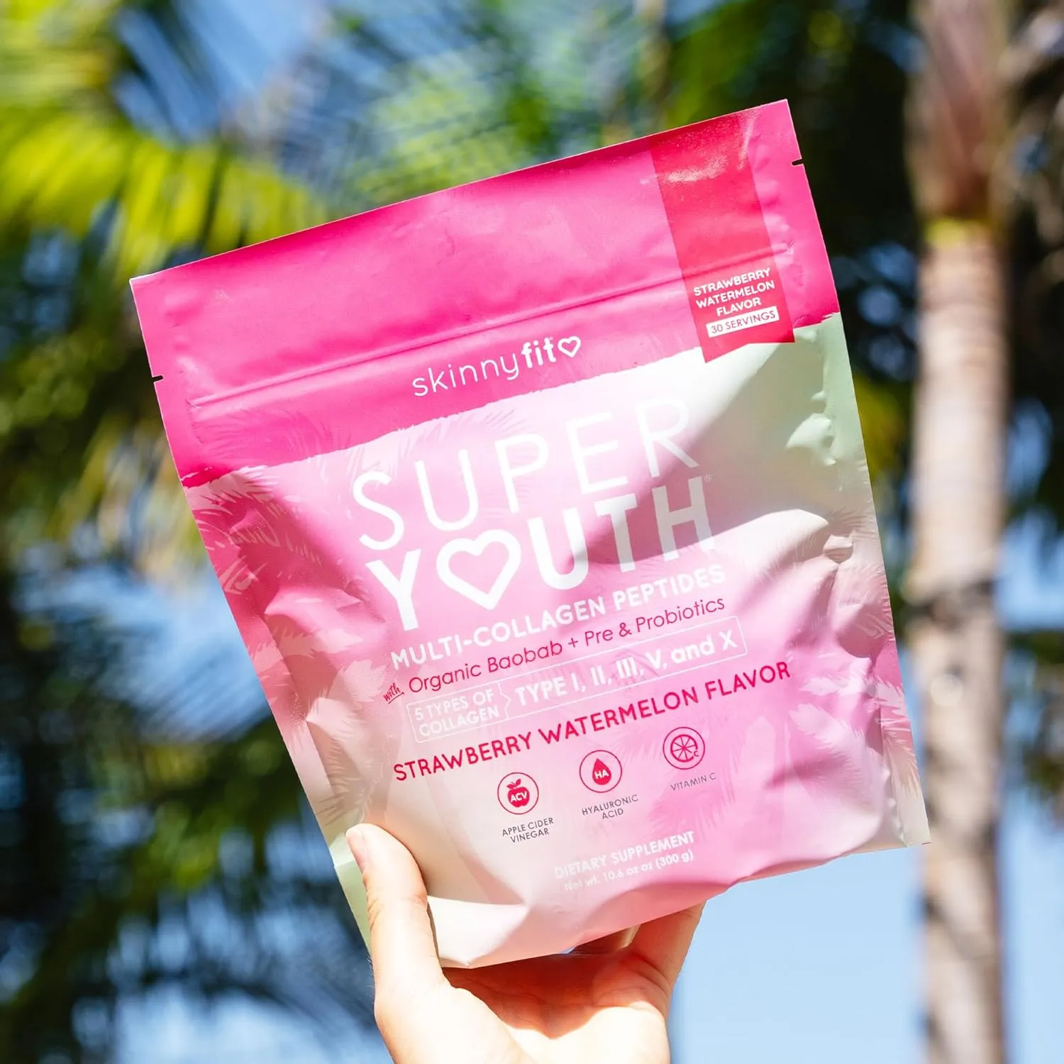SkinnyFit - Super Youth, Strawberry Watermelon (30 Servings) - Multi Collagen Peptides Powder - Probiotics, Fiber, Hyaluronic Acid - Collagen for Women - Non GMO, Gluten Free, Sugar Free - Self Care