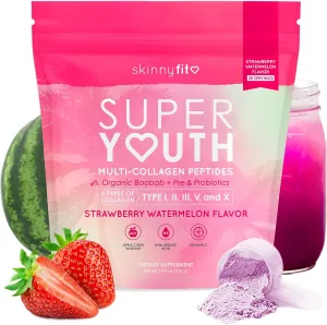 SkinnyFit - Super Youth, Strawberry Watermelon (30 Servings) - Multi Collagen Peptides Powder - Probiotics, Fiber, Hyaluronic Acid - Collagen for Women - Non GMO, Gluten Free, Sugar Free - Self Care