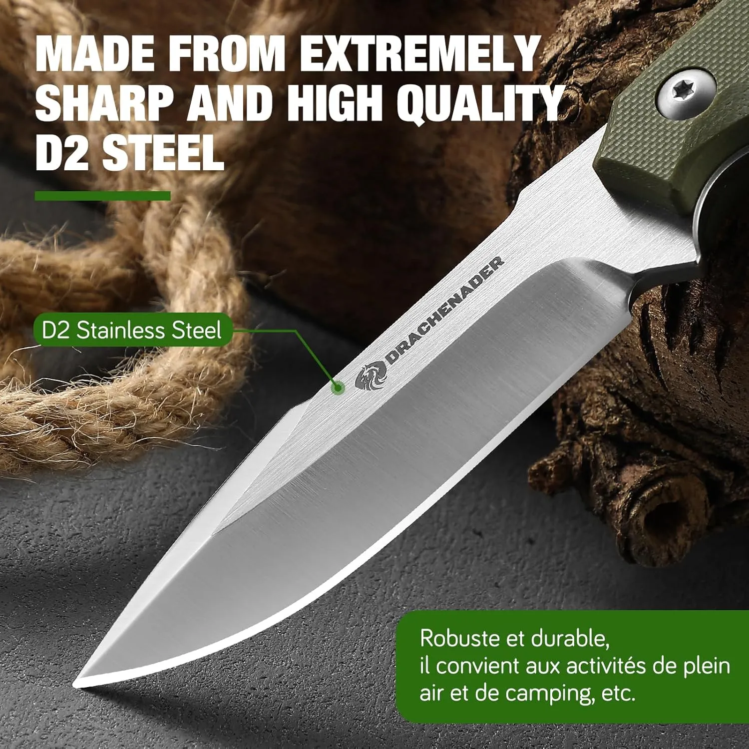 Small Fixed Blade Knife 7 inch Tactical Knife EDC D2 Steel with Kydex Sheath, G10 Handle, Clip Lock and Gift Box, Versatile for Horizontal and Vertical Carry